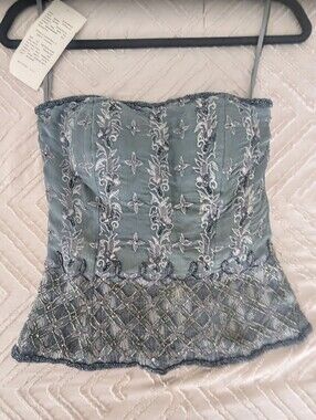 100% Silk Embroidered Strapless Beaded Peplum Top - Slate Blue